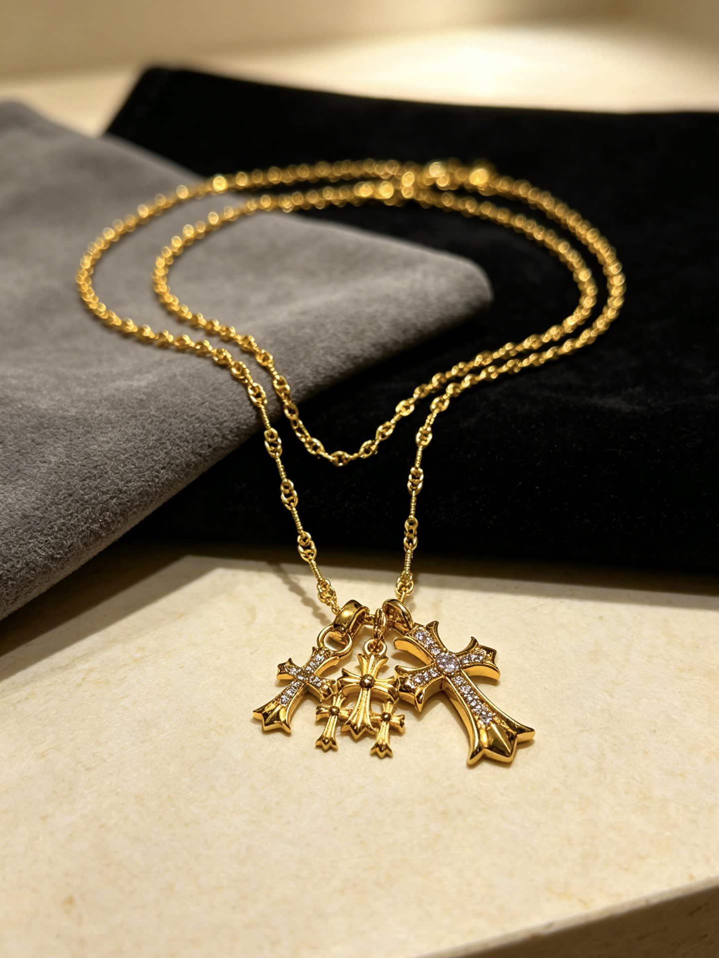 Chrome Hearts Gold Cross Pendant Necklace with Pink Stones